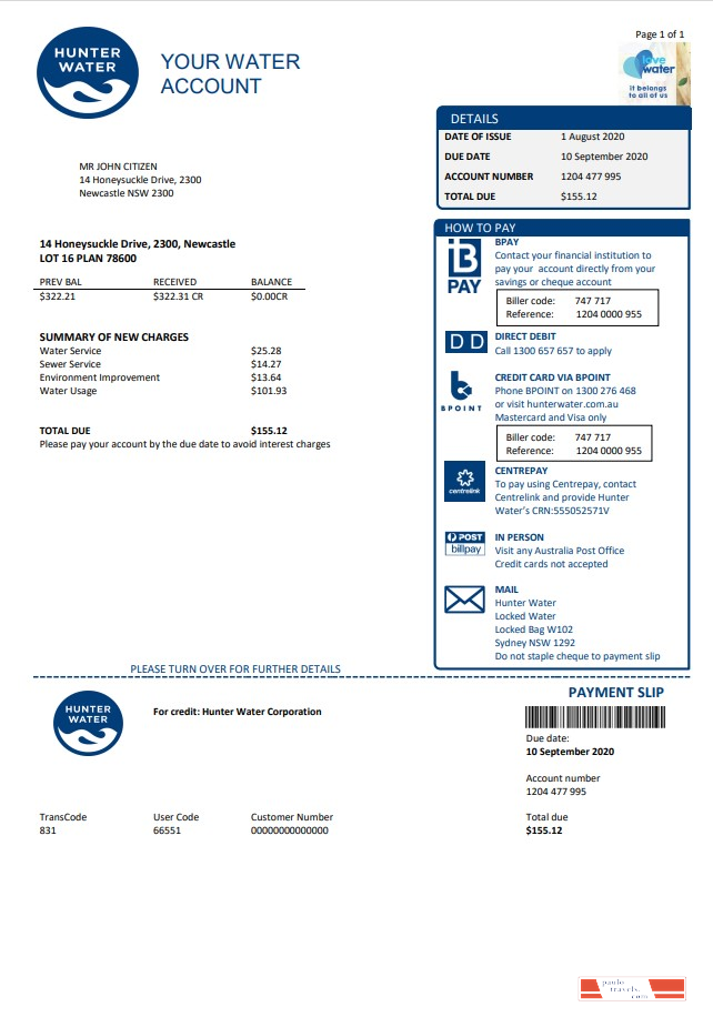 Australia Hunter Water utility bill